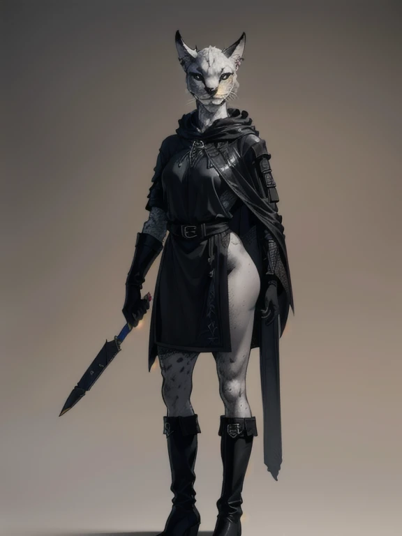 no background, background clean, standing character full body ((solo)), khajiit female beautiful adult, big ears lynx, tail panther, perfect slim body, beautiful charming cute face, pretty detail eyes, beautiful detailed lips, extremely detailed eyes and face, black boots, black gloves, black medieval cloak, spotted white-like skin color, skin color-black