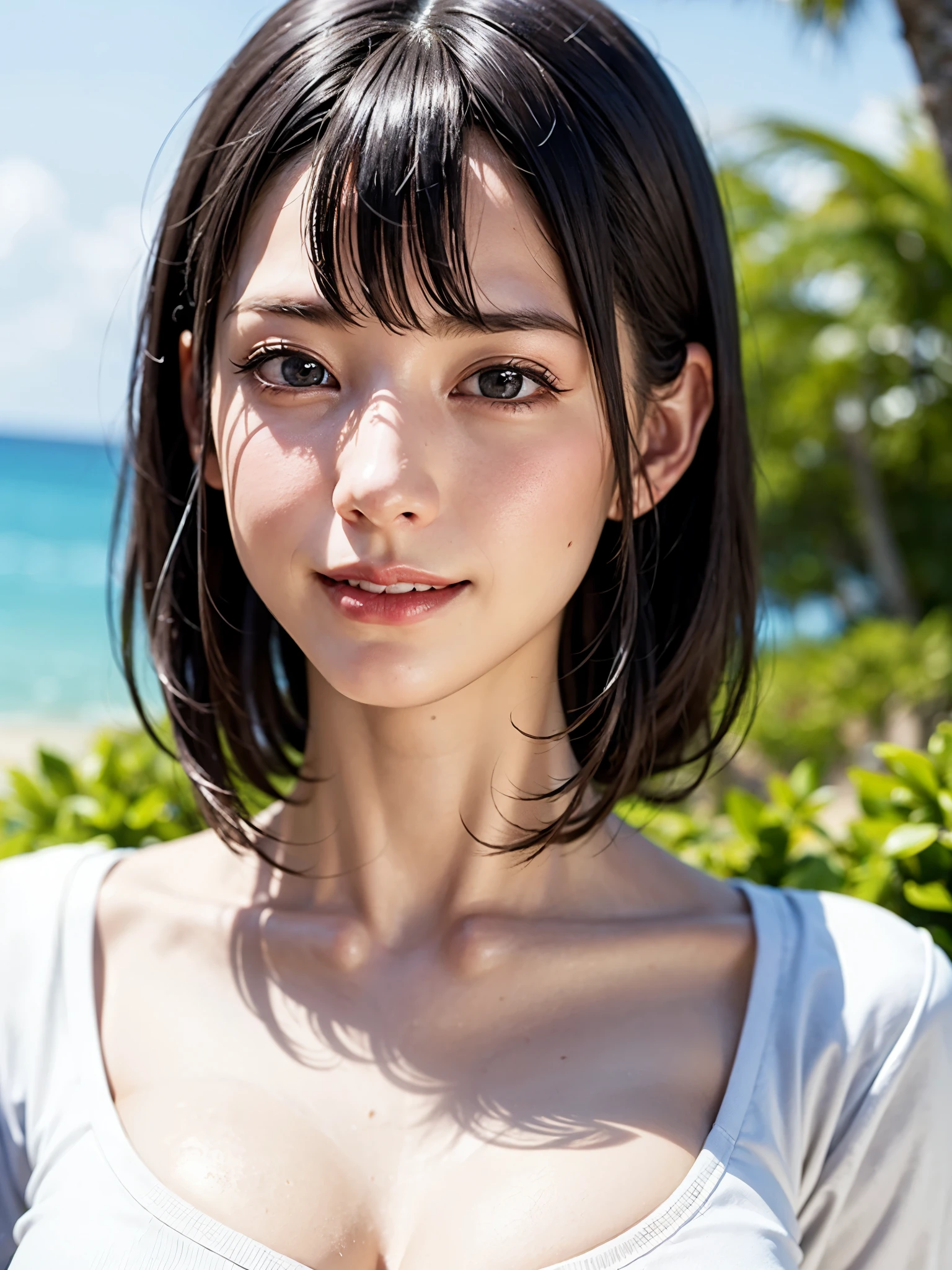 1人、top-quality、realisitic、report、depth of fields、natural soft light、during daytime、魅惑的、beauitful face、Cleanliness、Pure face、de pele branca、cute hawk hair、bangss、the beach、rays of sunshine、Nedium Breast Body Esbian、((Beautiful face with sweater golden ratio Beautiful face with symmetry))、long neck、Put your ears out、bangssのあるきれいな短いボブヘア、Smile with your mouth closed:1.4、Smile with your mouth closed:1.4、perfect hand指、perfect hand、Perfect body、face perfect、Shine a light into the eyes、Perfect Anatomy:1.4、very cute super model:1.4