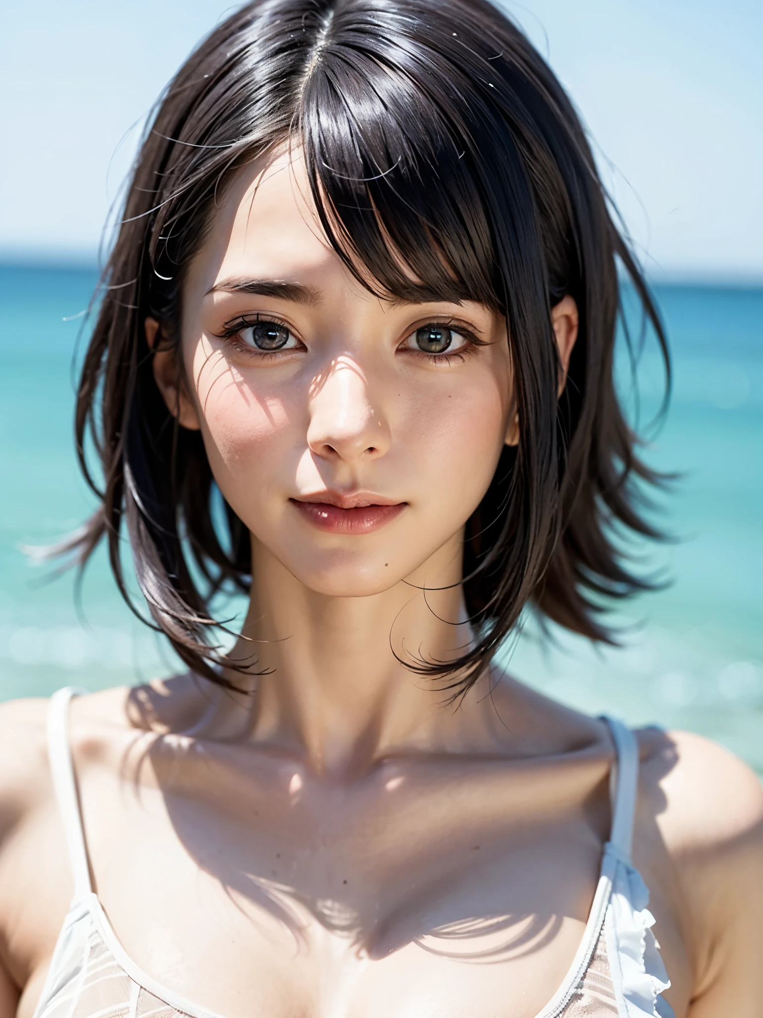 女の子1人、top-quality、realisitic、report、depth of fields、natural soft light、during daytime、魅惑的、beauitful face、Cleanliness、Pure face、de pele branca、cute hawk hair、bangss、the beach、rays of sunshine、Nedium Breast Body Esbian、((Beautiful face with sweater golden ratio Beautiful face with symmetry))、long neck、Put your ears out、bangssのあるきれいな短いボブヘア、Smile with your mouth closed:1.4、Smile with your mouth closed:1.4、perfect hand指、perfect hand、Perfect body、face perfect、Shine a light into the eyes、Perfect Anatomy:1.4、very cute super model:1.4