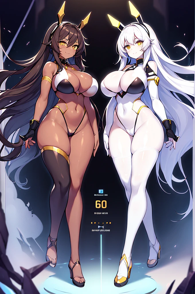 2girls, dark-skinned female, dark skin, white skin, white hair, brown hair, long hair, large breasts, breasts, wide hips, yellow eyes, smile, smirk, smug, bodysuit, black bodysuit, white trim, sleeveless, white pantyhose, futuristic, tech, science-fiction, full body, ((full body)), bikini, highleg