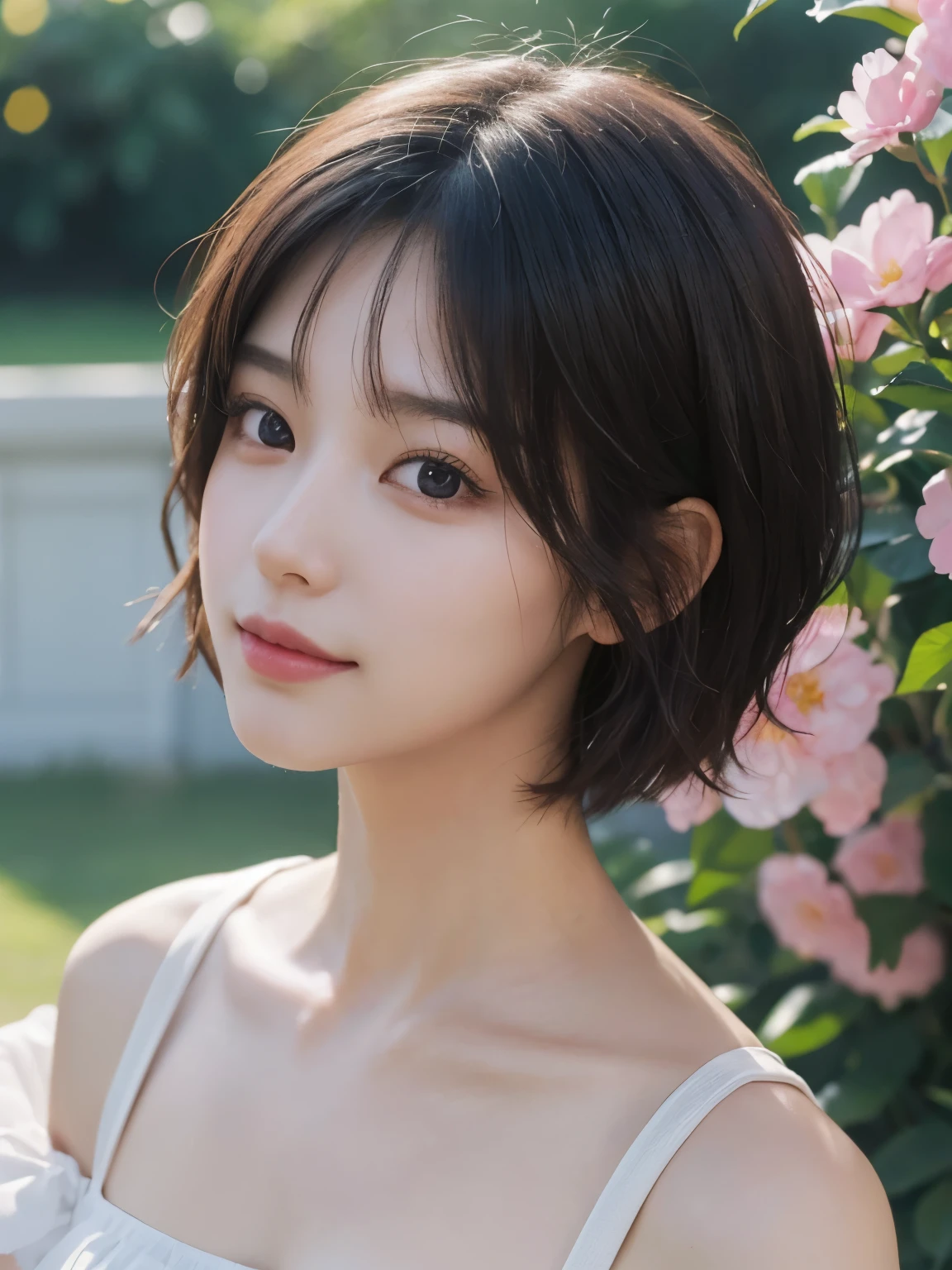 masterpiece、The highest image quality、hightquality、Beautuful Women、japanes、Popular Korean Makeup、detaileds、detailedsな目、detailedsな皮膚、Beautiful skins、超hight resolution、(现实:1.4)、very extremely beautiful、Slightly younger face、Beautiful skins、thin-waist、(A hyper-realistic)、(illustratio)、(hight resolution)、(8K)、(非常にdetaileds)(The best illustrationeautifully detailed eyes)、(超detaileds)、(wall-)、(detaileds顔)、ビューアのdetailedsを見る、 detailedsな顔、pureerosfaceace_v1、A smile、Looking straight ahead、photos realistic、Colorful hair color、(((very_Short_hair)))、((Background Simple,plain or flower))