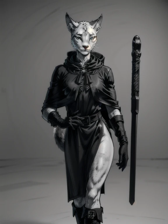 no background, background clean, standing character full body ((solo)), khajiit female beautiful adult, big ears lynx, tail panther, perfect slim body,  beautiful charming cute face, pretty detail eyes, beautiful detailed lips, extremely detailed eyes and face, black boots, black gloves, black medieval cloak, spotted white-like skin color, skin color-black