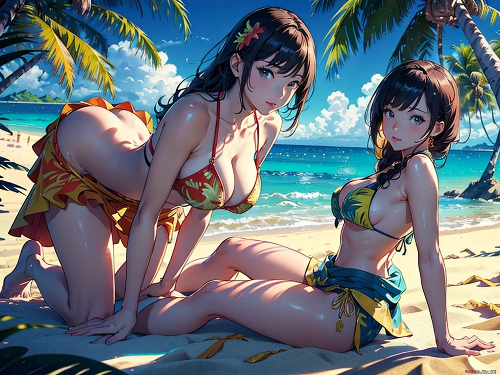 ​masterpiece、top-quality、超A high resolution、 [ 4 k digital art ]!!、 8k high quality detailed art、Wallpaper、 Detailed Digital Anime Art、Realisticity、Cinema Angle、hposing Gravure Idol、(((Two Women)))、(((Full Body Portrait of a Beautiful Woman)))、(((dance on the sand)))、年轻、Bikini swimwear、(Ethnic patterns and primary colors wrapped around the waist and skirt)、Photorealistic perfect body、(((Beautiful tropical beach landscape photography)))、light Particle、llight rays、Tropical、Against the background of palm trees、on a sunny beach、Against the background of the sea、blur backgroun、