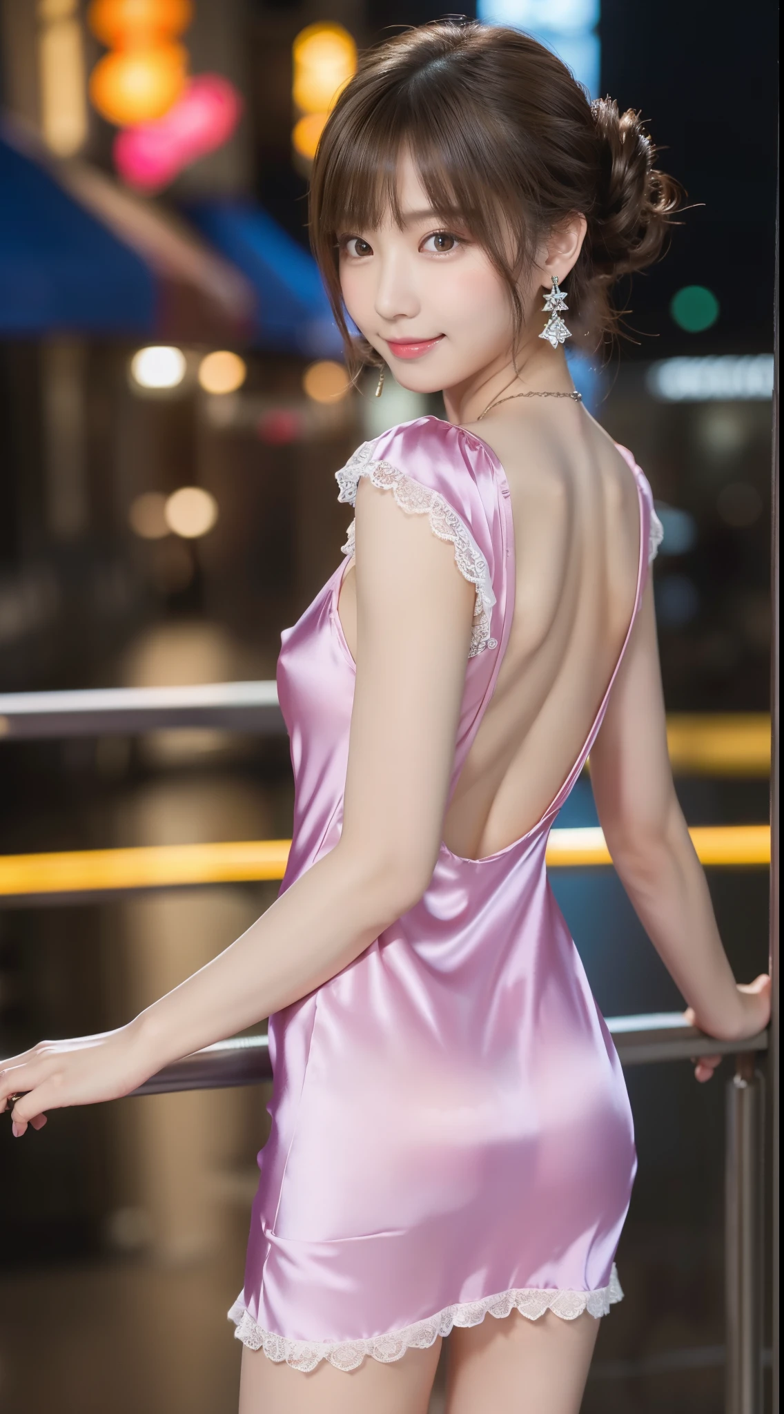 8K, masutepiece, Raw photo, Best Quality, Photorealistic, Highly detailed CG Unity 8k wallpaper, depth of fields, Cinematic Light, Lens Flare, Ray tracing, (Extremely beautiful face, Beautiful lips, Beautiful eyes), intricate detail face, ((Ultra detailed skin)) 1girl in, In the Dark, deepshadow, Pretty Korean girl, Flashy makeup with red eyeshadow,her shortcut, Delicate light brown hair is slightly disheveled with side waves.,wearing large ring earrings,Kpop Idol, 1 girl, (Very slim and slender fit muscular body:1.3), ((Looking at Viewer)),(Big smile:1.3), (sleeve fashion city night, Hand Precise,a dark night, (Neon sign), (Blurred background), Fashion Street Night),(No people in the background:1.3), Beautiful earrings, Bracelets, Necklace, pantyhose, Clear eyes, Walking, (pale skin), (big eye ace forward, ((upperbody shot)), ((super mini color silk dress:1.3)),(Brown hairs),((tight fit lace dress)), (see through), (Looking at Viewer:1.3) opened breast, Very slim, medium breasts, backtrack,((Back shot)), see through, Medium Butt, Ultra Super Mini Skirt, updo hair, ((Spread thighs)),(Sexy pose with a little butt sticking out),From above:1.4