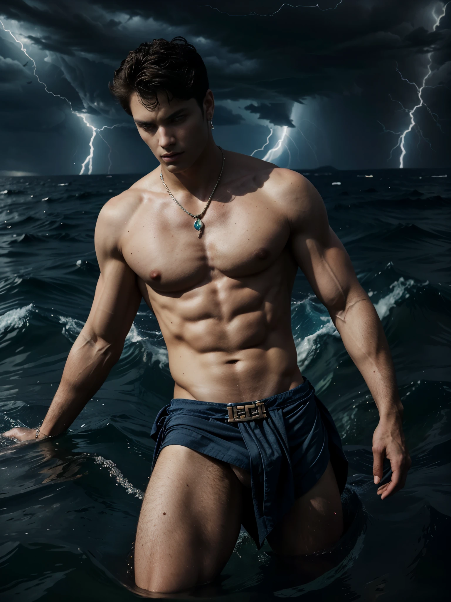 ((masterpiece)),((best quality)),8k, high detailed, ultra-detailed, Stylish Pose, real skin texture, dark cinematic lighting, 18-year-old italian male model, handsome, cute looking, divine look, powerful light blue eyes, (Poseidon god:1.4), (god of the seas:1.4), Neptune, godly, water separation, controlling the seas, hydrokinesis, bending water, displaying the ability to manipulate water, creating massive waves and bend water, white pale skin, roman god physic intense blue eyes, short brown messy hair, strong jawline, masculine, muscular, defined fit body, hairless chest, shirtless, pantless, sinister aesthetic, black storm clouds, lightning clouds, (open sea:1.6), (under water:1.4) (night dark storm:1.6), barelegged, barefoot, antique spartan loincloth with fish scales, white antique draped cloth skirt with fish scales, (greek god jewerly:1.5), (chain belt),,,, dim light, dark atmosphere, cinematic lighting, Depth of field, award-winning photography, elegant, hyperrealistic, octane render, unreal, high definition, 8k resolution, highly detailed, 8k uhd, professional lighting, photon mapping, radiosity, physically-based rendering