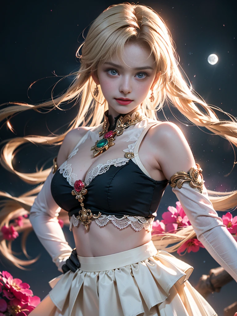 tmasterpiece,Highest image quality,super detailing,Best quality at best ,Extremely Delicately Beautiful, Very meticulous,Best quality at best, offcial art, extremely detaild的 CG unified 8k wallpapertremely detailed CG unity 8k wallpaper,tmasterpiece,Highest image quality),(Delicate light and shadow,The picture has a dramatic lens effect), (Mariner Moon:1.1),Enchanted smile,double tails, eBlue eyes,coiffed blonde hair, Skinny lace top,White gloves-skirt,dynamicposes),The background is the universe(superior detail,The lighting effect is outstanding,Vista wide angle),(Excellent rendering,Enough to stand out from the crowd),Sexy big breasts,The sexiest look,Twisted braided kini swimsuit,Dreamcatcher earrings,The most beautiful woman in the world,(Beautiful big breasts,deep,Obscenity exposed,Camel toes,taste,black silk clothing,),Beautiful girl transformed,