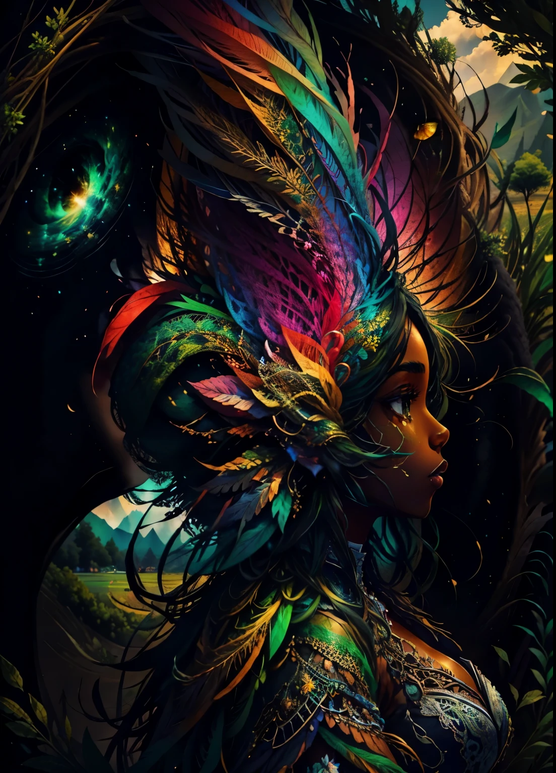 colorhalf00d,, top-down view of a black woman, feathers, acceptance, (green fields in the background) vibrant, beautiful, intricate, highly detailed