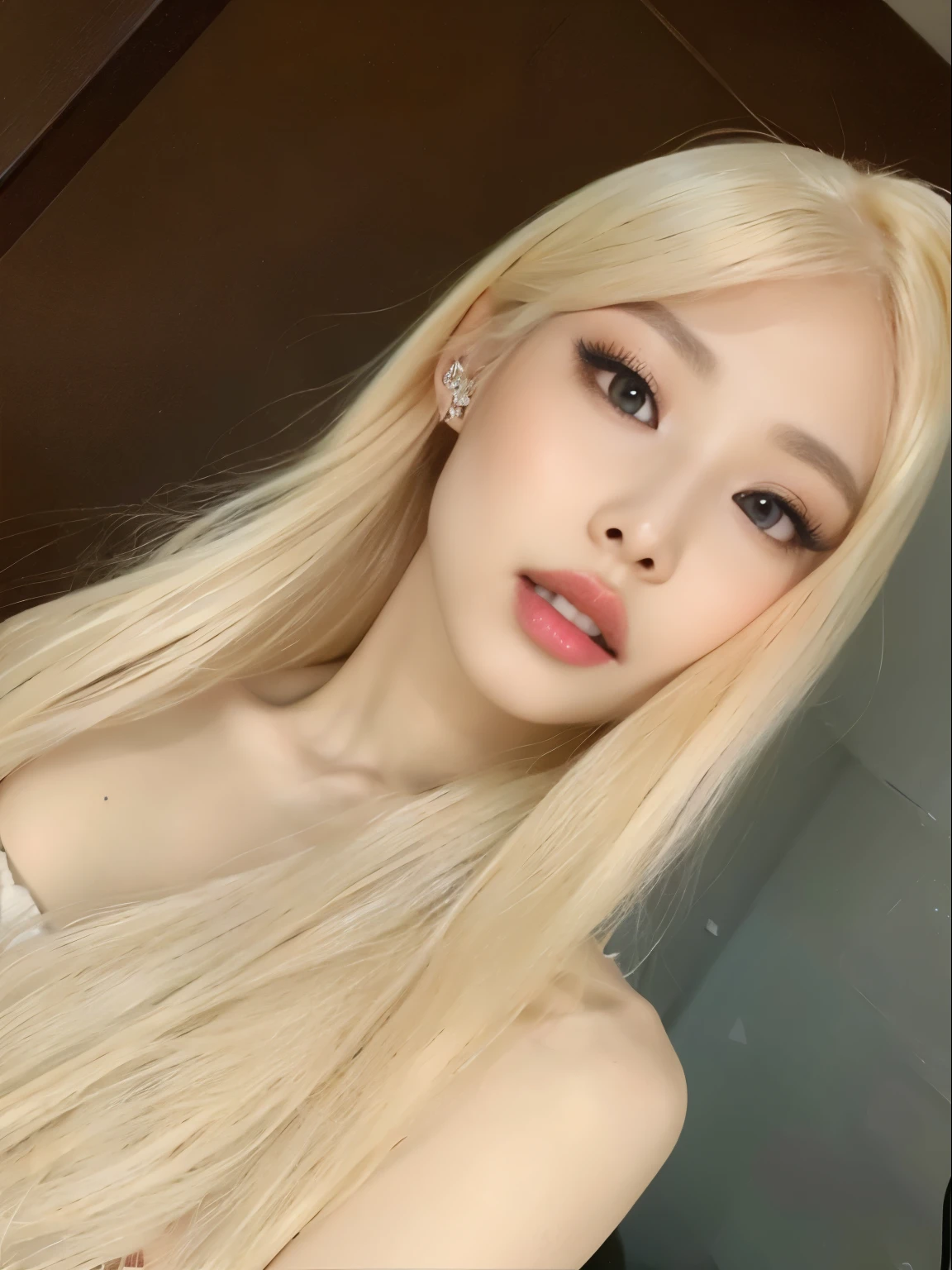 um close up de uma mulher com longos cabelos loiros e um vestido rosa, longos cabelos loiros e olhos grandes, longos cabelos loiros e olhos grandes, ava max, extremely pale blond hair, maquiagem sul-coreana popular, very very pale blond hair, linda Delphine, com cabelos longos brancos, maquiagem coreana popular, com longos cabelos loiros, Ulzzang, com longos cabelos brancos