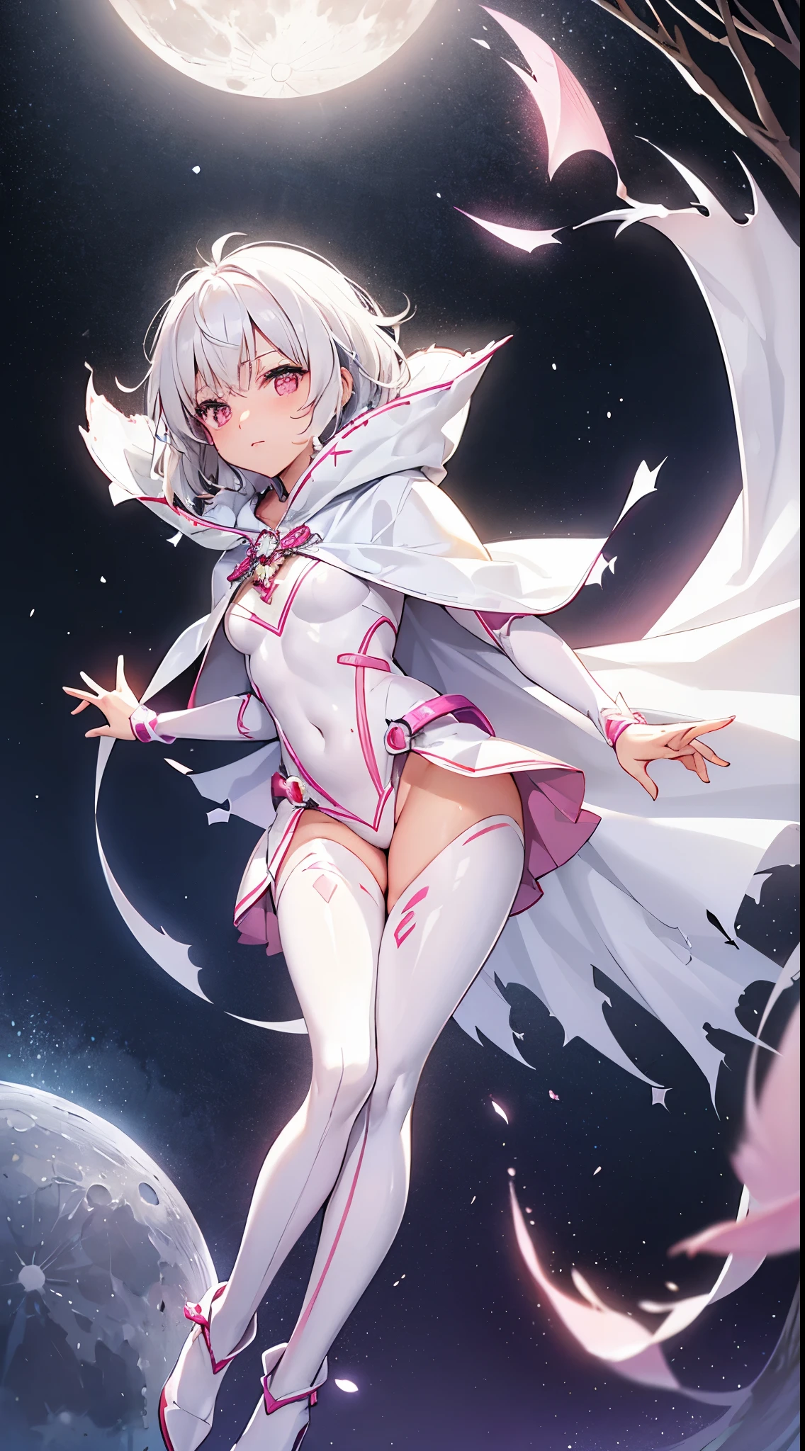 One lady,ars,((White hair) ,((())), (()), (())(()),((White microskirt,Shiny pink bodysuit and short white cloak)),,(,),((Fantasy,Moon Night))((Clothes are torn))
