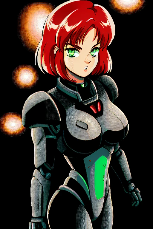 1girl, solo, retro anime, Jane, solo,short hair,red hair,green eyes, Shepard, black power armor, standing, upper body, N7, space pod, neon lights, (insanely detailed, beautiful detailed face, masterpiece, best quality), full body portrait