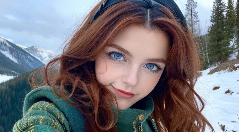 Pretty woman, similar to Amouranth,cute,huge natural breasts, red hair curly/flowing, detailed dark BLUE eyes and face, not to skinny, naughty smile, make it ultra-realistic, western european girl, in the snow in the mountains, clothing colour needs to be anything but green, extremely detailed blue eyes, extremely long wavy red hair, extremely long hair, extremely detailed blue eyes