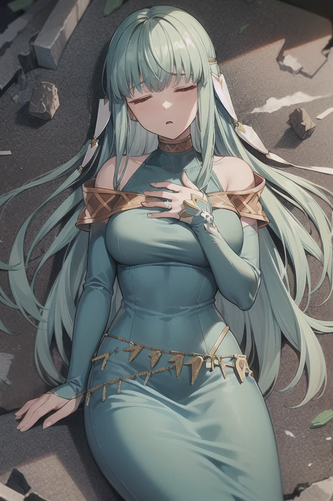 Ninian is lovingly languid in active castle battle after losing a tough battle, lieing lifeless and inert on debris, rubble, and smoke surrounds her. Her tea-length dress has brown dust and black bruises on it; Ninian takes slow and painful breaths and her blue and gold open-toe stilletos lie beside her. She cannot move from her prone position lieing on her back, unable to open her eyes or breath. (Ninian), (blue hair, blue eyes, small shapely breast, long hair, clammy and dirty face), (Dress), (long tea-length blue drenched dress, bare shoulders, more small jewlery, brown dust and black marks on dress, languid in a dark grey murky castle battle, anguished facial expression, closed eyes, open mouth, shallow labored painful breaths) (anguished closed eyes:1), (Ninian languid, prone on her back, defeated in rubble, heavy smoke, and metal shards around her:1.5), Ninian is listless and motionless in a dark grey smokey castle:1.0, Ninian is sullied and dirty:1.2, (Ninian lieing in debris and broken metal pieces:1.0), inside has rubble and dust and scraps of metal, two blue and gold open-toe stilletoes around her (4K quality, high quality, 4k quality Ninian and dress:1.0), (solo, one person, 1girl:1.5), ninian fe, red eyes, long dress, jewelry, dancer