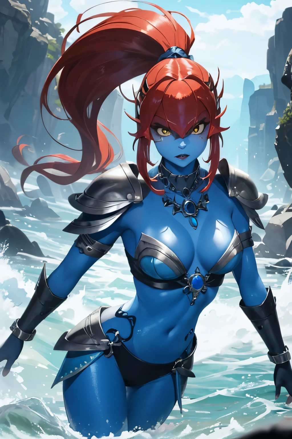 Midyne has a strong yet graceful figure with elements of both amphibious and anthropomorphic features, (Blue Skin:1.6), with patches of purple scales scattered across her body, She has webbed hands and feet along with flowing fins on her limbs, Midyne's face has large yellow eyes, bio-luminescent blue facial markings and long fins framing her face, Midyne's facial features also include sharp teeth and a blended hairstyle of a long blue ponytail interwoven with free-flowing strands, she wears intricate pastel armor adorned with coral and luminous stones over a black tunic, she also wears a piece of sapphire jewelry, Midyne wields an imposing spear with aquatic motifs, Midyne's design aims to blend contrasting elements of fierceness and grace, armored defenses and soft facial features, a stylized ponytail with free-flowing hair, high details, masterpiece, 4K, Mipha, undyne, undyne the undying,