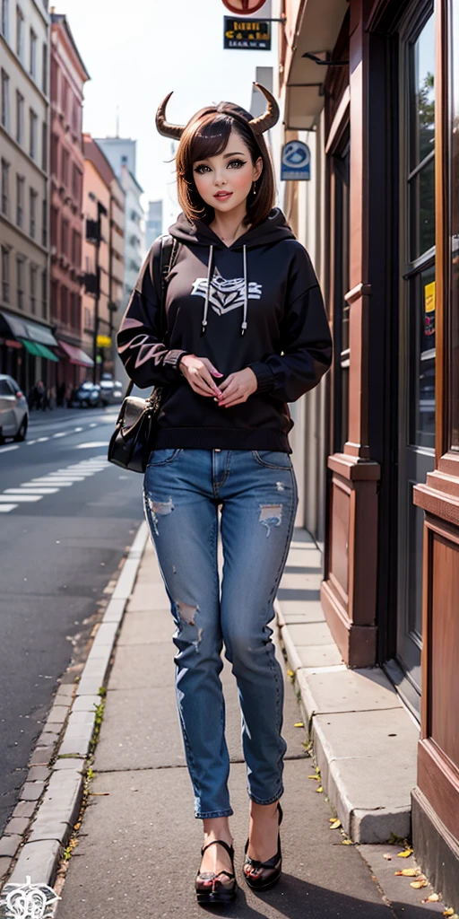 masterpiece, best quality, ultra high res, beautiful, visually stunning, elegant, incredible details, award-winning art, 0n1, red skin, oni horns, oni, red oni, colored skin, city, street,hoodie, jeans, handbag,