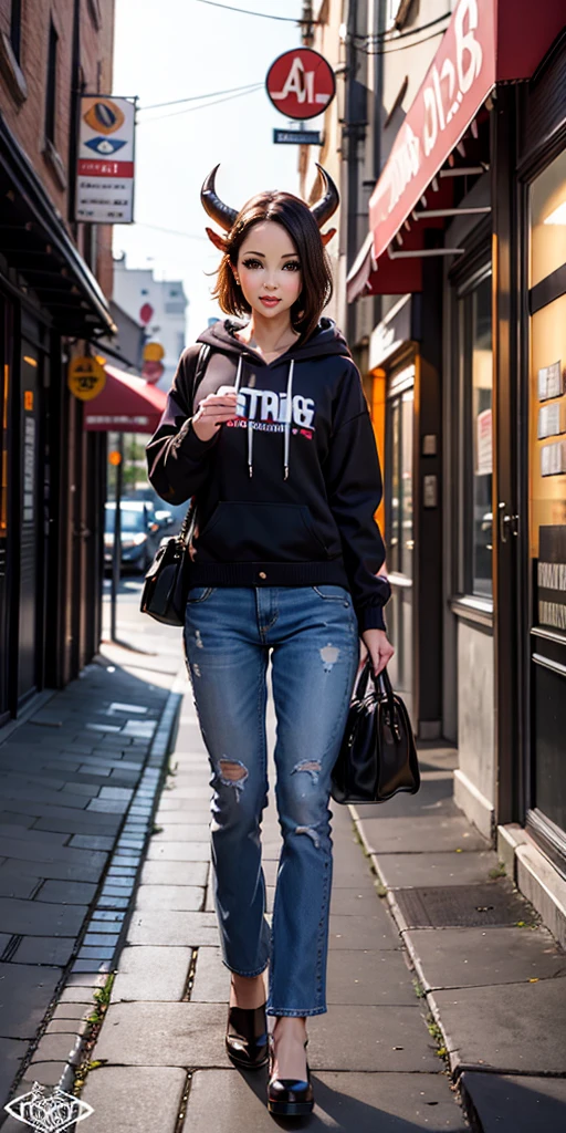 masterpiece, best quality, ultra high res, beautiful, visually stunning, elegant, incredible details, award-winning art, 0n1, red skin, oni horns, oni, red oni, colored skin, city, street,hoodie, jeans, handbag,