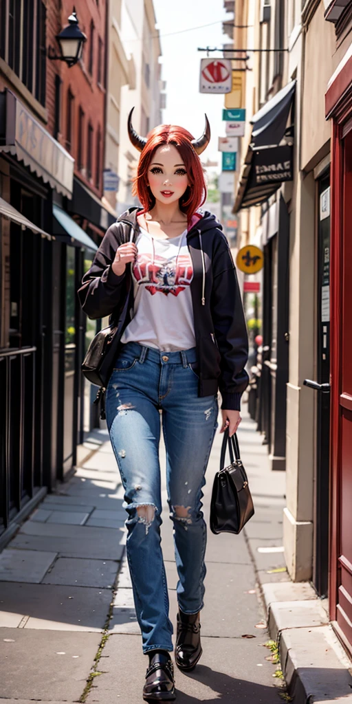 masterpiece, best quality, ultra high res, beautiful, visually stunning, elegant, incredible details, award-winning art, 0n1, red skin, oni horns, oni, red oni, colored skin, city, street,hoodie, jeans, handbag,