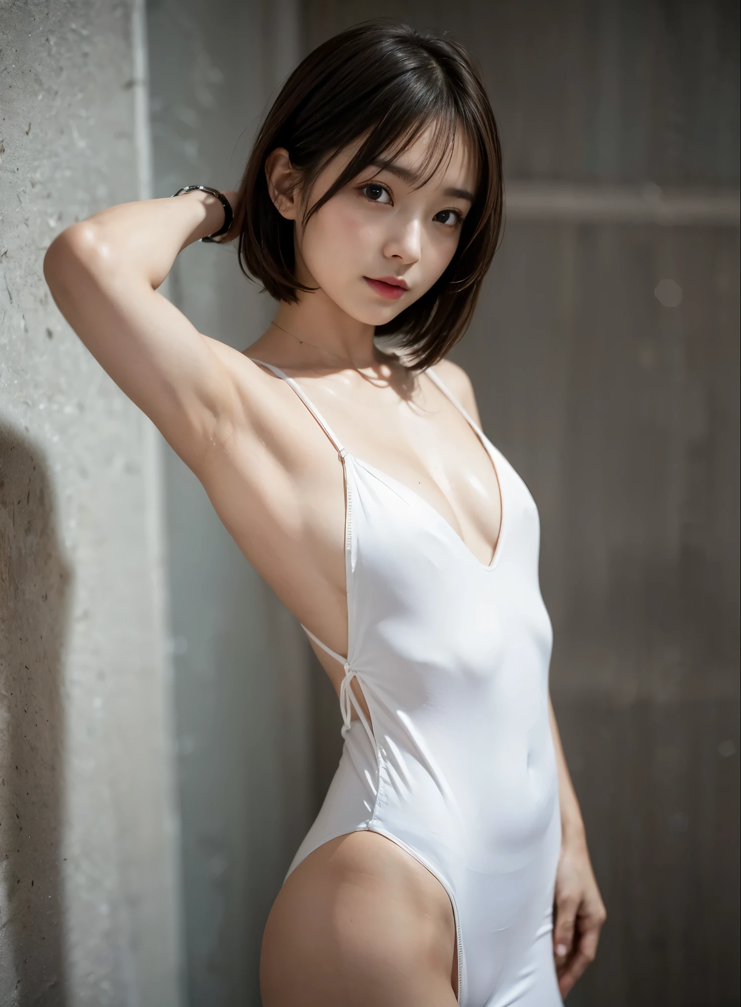 (((in 8K. HDR.Hyper-Realism、Masterpiece 1.4、wlop1.4、Cinematic、Detailed details、Live Photo 1.4, Best quality1.4、 Ultra Detailed 1.4、masterpiece:1.4、Insanely detailed、Perfect Shading、Low Angle Full Body Shot 1.2、One photo、Commercial Photography 1.4、Solo Photography、)))、(((simple background、Gray background、)))、(((White Dress、White Dress)))((( Standing backwards、Turning around、Turn your back to us、Turn your butt towards us、Stick out your buttocks、Embarrassing appearance)))(((Unripe々Flesh、Body Photo、symple background、Gray background)))(((Japan Female, 18year old、Small face 1.4、、Bangs、a short bob、bobhair、A dark-haired、5 finger body image 1.4)))、(small tits、tiny chest、筋Fleshの腕と脚、Plump waist circumference、Skin details highlighting veins glistening with sweat、Detailed skin with visible pores、Realistic, Detailed skin of downy hair, Real and Detailed Skin、extremely detailed and beautiful face、Beautiful well-proportioned face、Very pretty face、Darkened armpits、Detailed skin)