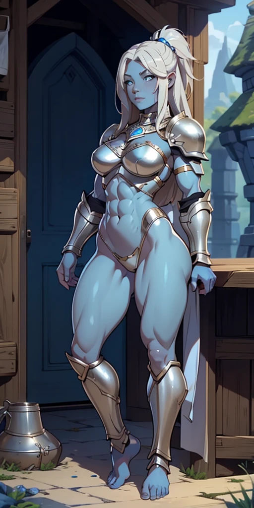 full body, barefoot, Solo, female, (blue skin, muscular), knight, silver armor, cream hair, fantasy village, medium hair