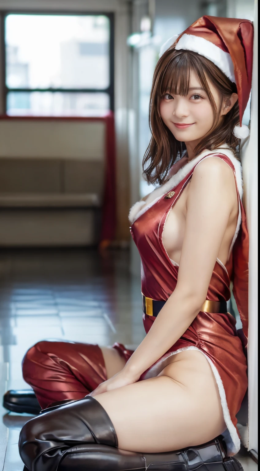 top-quality,ultra - detailed,tmasterpiece,hentail realism,Photorare,Bright lighting,1 girl in, Camera color temperature 3800k、an extremely beautiful , (kawaii:1.6),Thin smile, (Brown eyes),(dark brown hair),(By bangs),perfect glossy shiny skins,flawless skin,((erotick,Sexy and sexually explicit)),((Exact pointers,No discomfort)), large full breasts,big breasts thin waist, looking at viewert,((Red Santa Costume:1.5)),((Red Santa Hat)),(big bag of santa claus),((super miniskirt:1.5、No slit)),(((Skirt lift with their own hands))),(lifted by self),lace and black panties,Panty Focus,(Stand with your feet together)), knee high socks,(Loafer shoes), In the daytime,Station platform、Hands behind your back
