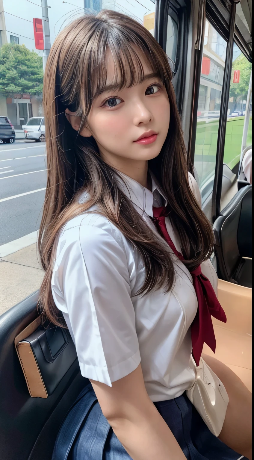 masterpiece, best quality, high quality, detailed, ultra detailed, hyper detailed, insanely detailed, exquisite, beautiful, 4K, 8K, absurdres, highres, a girl, shy, embarrassed, hands on head, looking at viewer, long hair, straight hair, shiny hair, brown hair, tareme, droopy eyes, shiny skin, detailed skin, detailed face, glamorous, beautiful breasts, beautiful ass, idol, school uniform, cute face, delicate facial features, japanese idol, curvy, 20-year-old, japanese, in the bus, photorealistic, ultra realistic photo, realistic portrait, raw photo, real person, nsfw, upper body, dynamic angle, sharpen, best light, depth of field