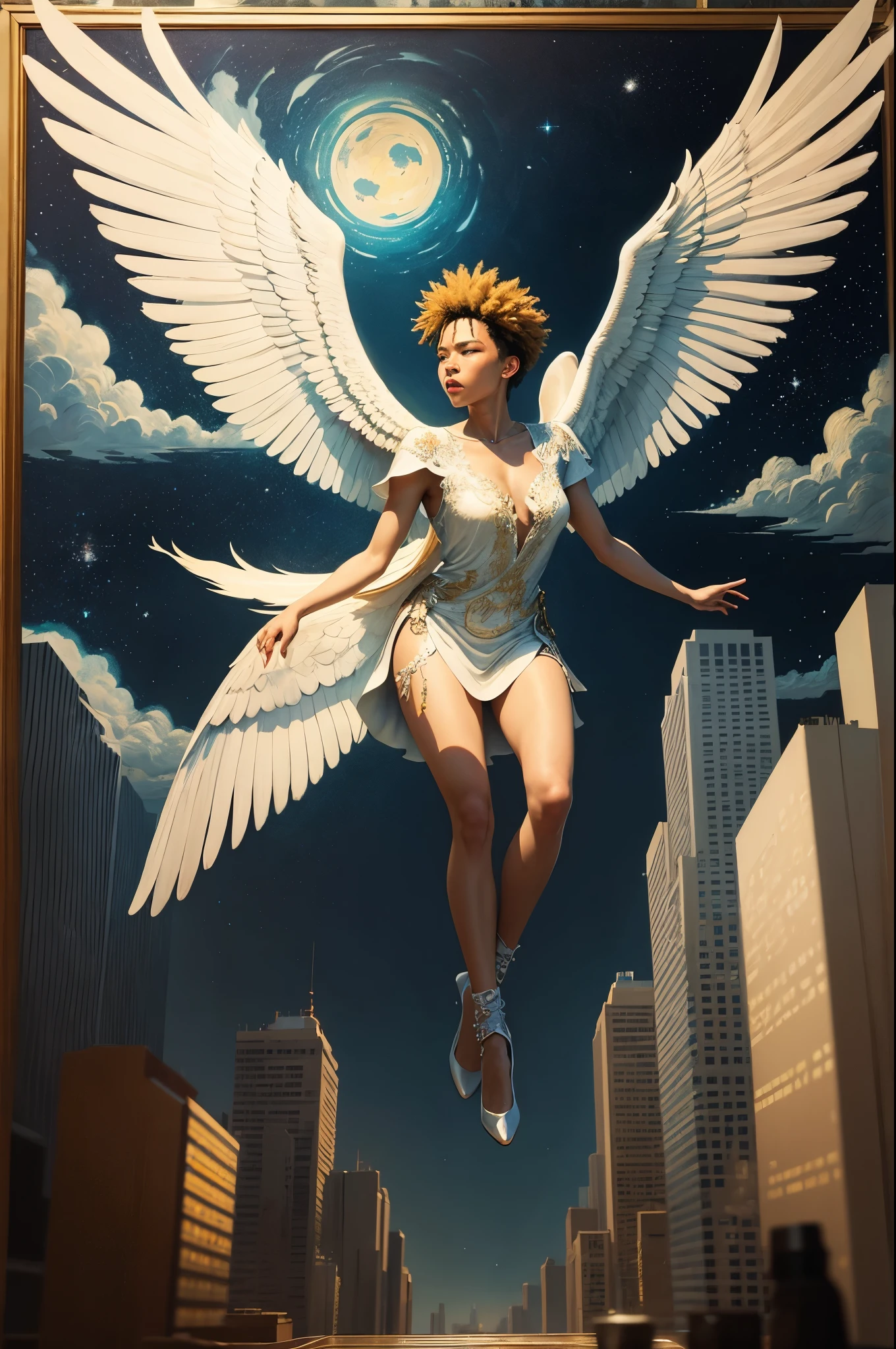 The luxurious city view captures the image of a winged Korean angel spreading its wings and shining brightly in the center of the sky.. The painting style combines Basquiat and Van Gogh.