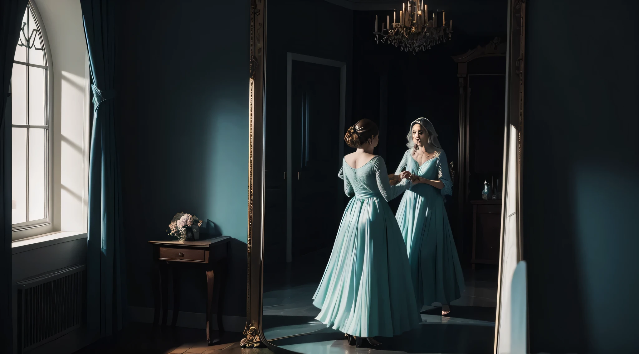 Generate an image illustrating Eleanor, the matriarch, catching glimpses of movement in the mirror, with subtle shadows and spectral figures dancing at the periphery.