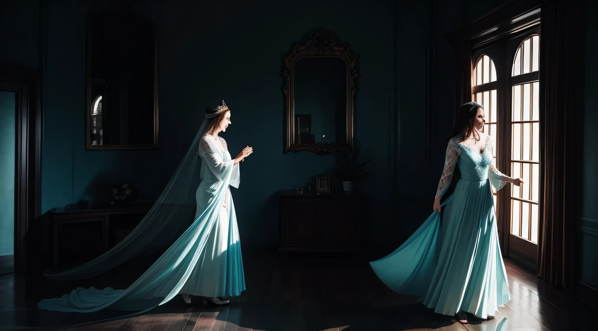 Generate an image illustrating Eleanor, the matriarch, catching glimpses of movement in the mirror, with subtle shadows and spectral figures dancing at the periphery.