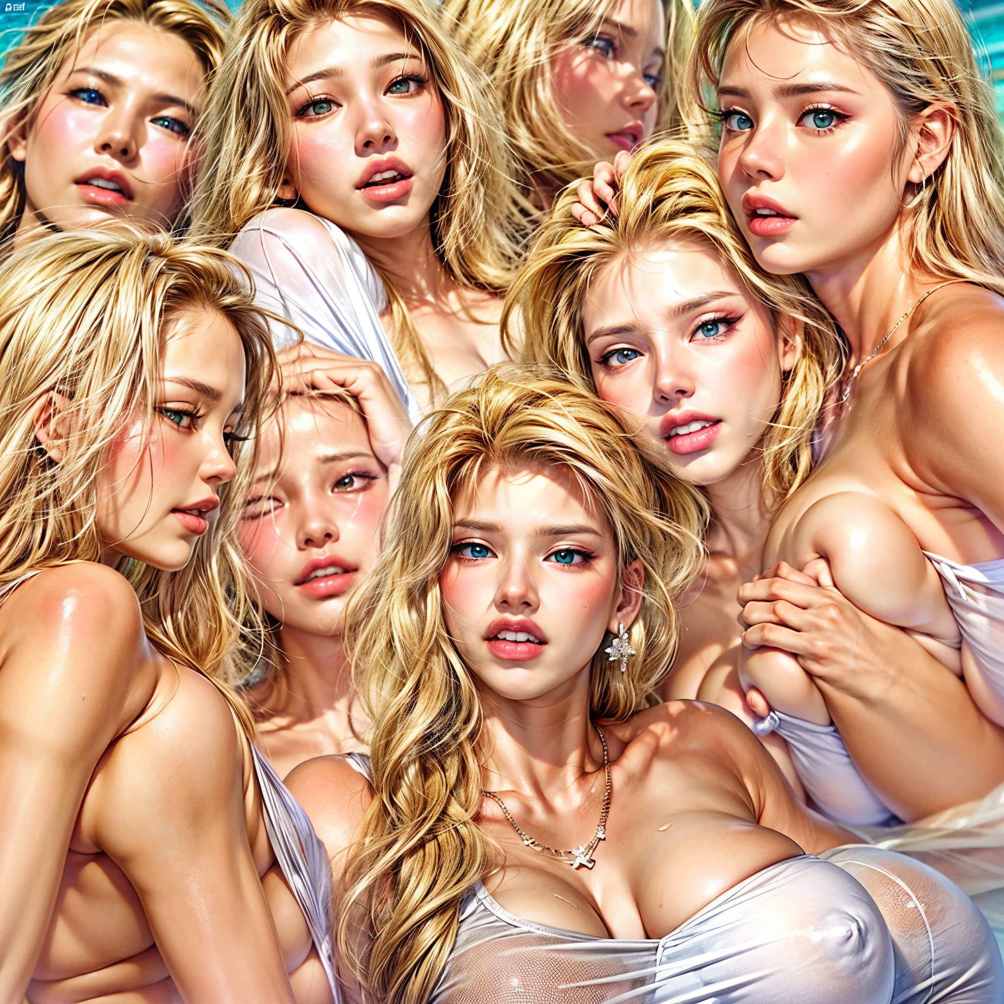 (full-length poses) (show feet) walking girls, strutting girls, thin girls with big asses and huge tits. tits full of milk, firm tits, giant tits, swollen boobs, naked pussy, naked ass, naked tits, bulging areola, giant nipples, giant areola, round butts, bubble butts. thin legs, gap between thighs, thin waist, flat tummy, blushing pink cheeks, blue eyes, green eyes, huge pink nipples, honey-colored tans, long blonde hair, sultry eyes, pouting mouth, earrings, jewelry, (wet T-shirt competition at the beach) (different angles view of tits) multiple angle view of tits. blonde sluts, floozy, lesbian spectators; outrageously big and beautiful tits. blonde bimbos. young sluts compete to see who has the best tits and best butt. NSFW. nudity, erotica, brightly colored erotic clothing. exposed tits, nipples, exposed nude butts. many girls compete to see who has the most perfect giant tits, water sprayed on girls, wet girls, wet skin, detailed skin texture, beautiful young women, beautiful faces.(faces like: Adriana Lima, Scarlett Johansson, Tarra White, Margot Robbie, Silvia Saint) wet sluts.