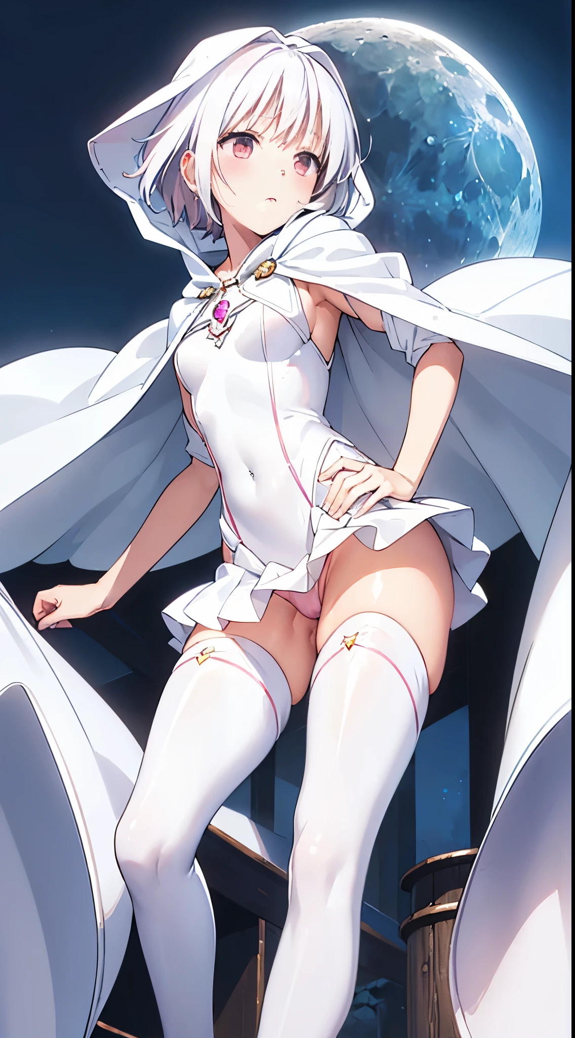 One lady,ars,((White hair) ,((())), (()), (())(()),((White microskirt,Shiny pink bodysuit and short white cloak)),,(,),((Fantasy,Moon Night))((Clothes are torn))