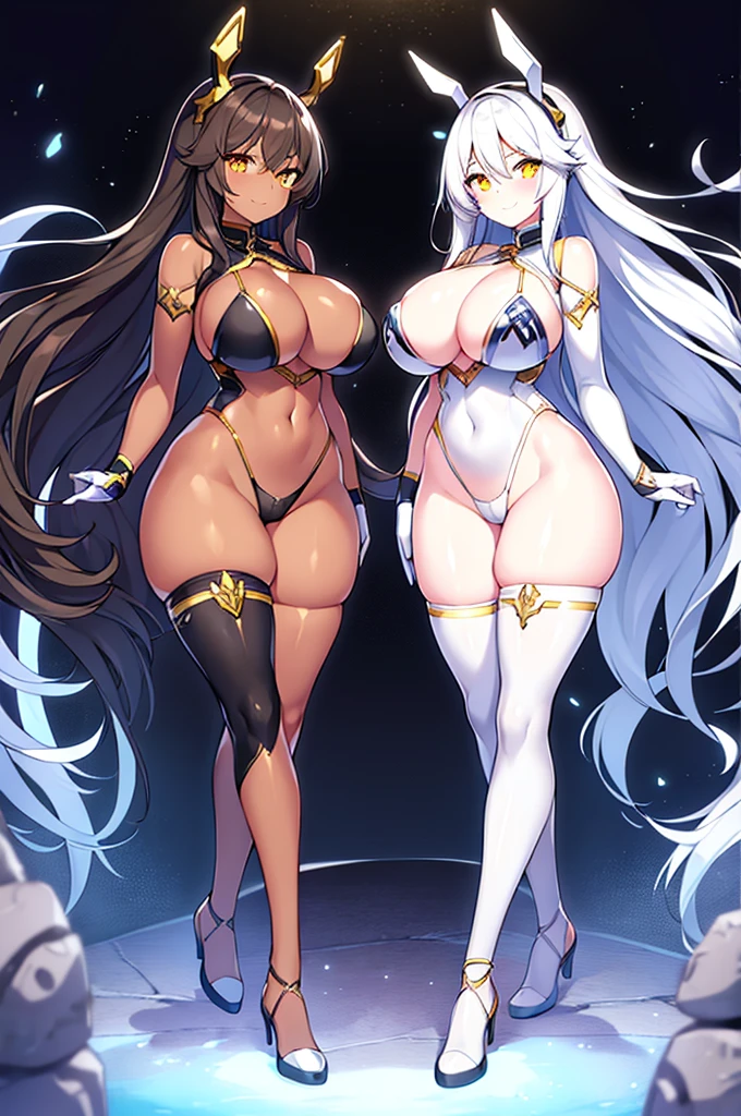 2girls, dark-skinned female, dark skin, white skin, white hair, brown hair, long hair, large breasts, breasts, wide hips, yellow eyes, smile, smirk, smug, bodysuit, black bodysuit, white trim, sleeveless, white pantyhose, futuristic, tech, science-fiction, full body, ((full body)), bikini, highleg, shoes