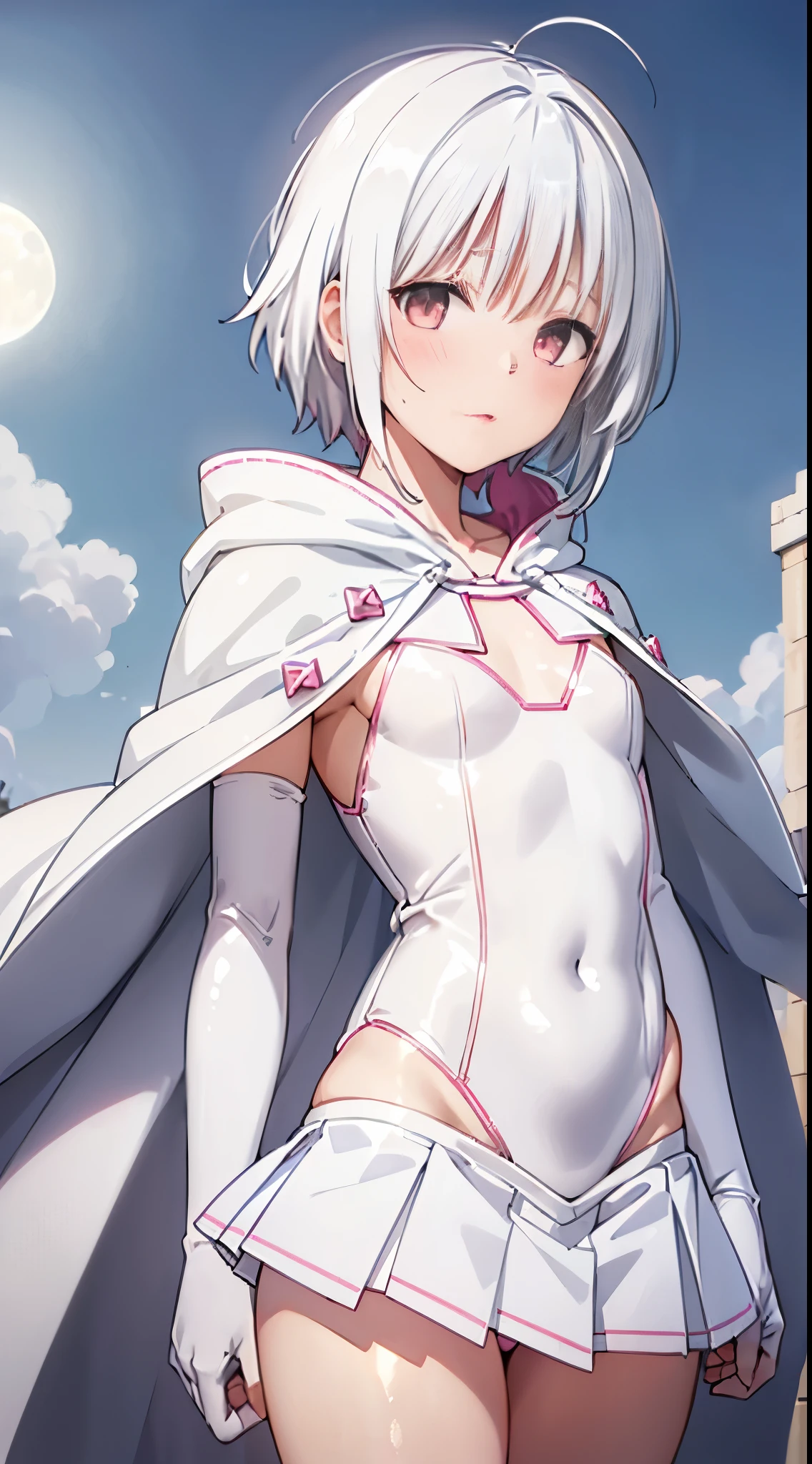 One lady,ars,((White hair) ,((())), (()), (())(()),((White microskirt,Shiny pink bodysuit and short white cloak)),,(,),((Fantasy,Moon Night))((Clothes are torn))