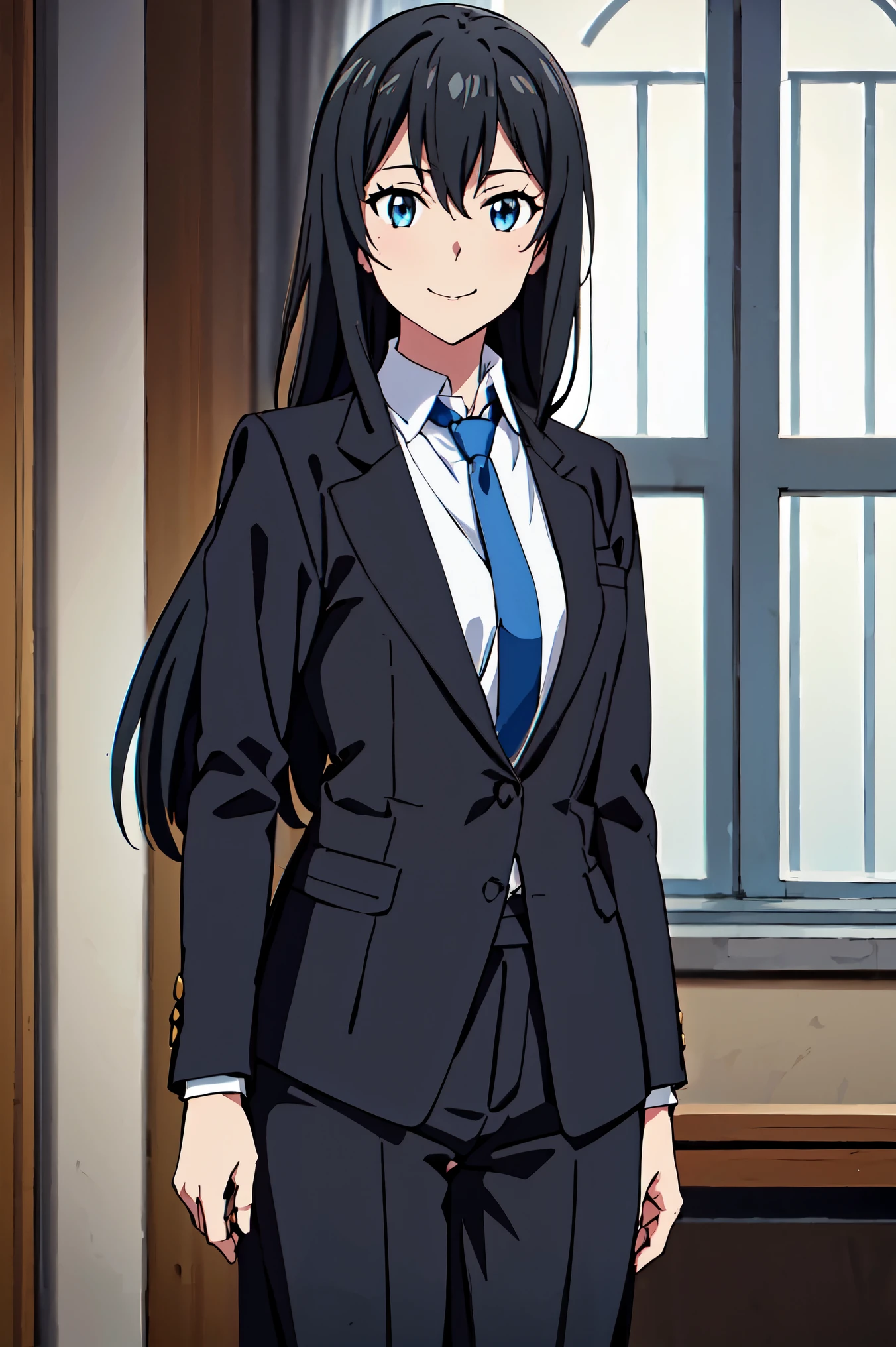 Best Quality,masutepiece,Yukinoshita yukino ,woman in formal attractive tailcoat standing in a large alcove in the room , 1girl, solo, blue necktie, black hair, blue eyes, long hair, smile , collared shirt, white pants, white shirt , tailored tailcoat elegant , standing in front of a window ,tailcoat tailored to elegant crafted from the lustrous fabric