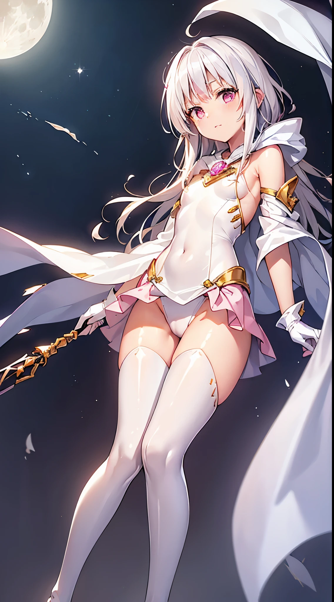 One lady,ars,((White hair) ,((())), (()), (())(()),((White microskirt,Shiny pink bodysuit and short white cloak)),,(,),((Fantasy,Moon Night))((Clothes are torn))