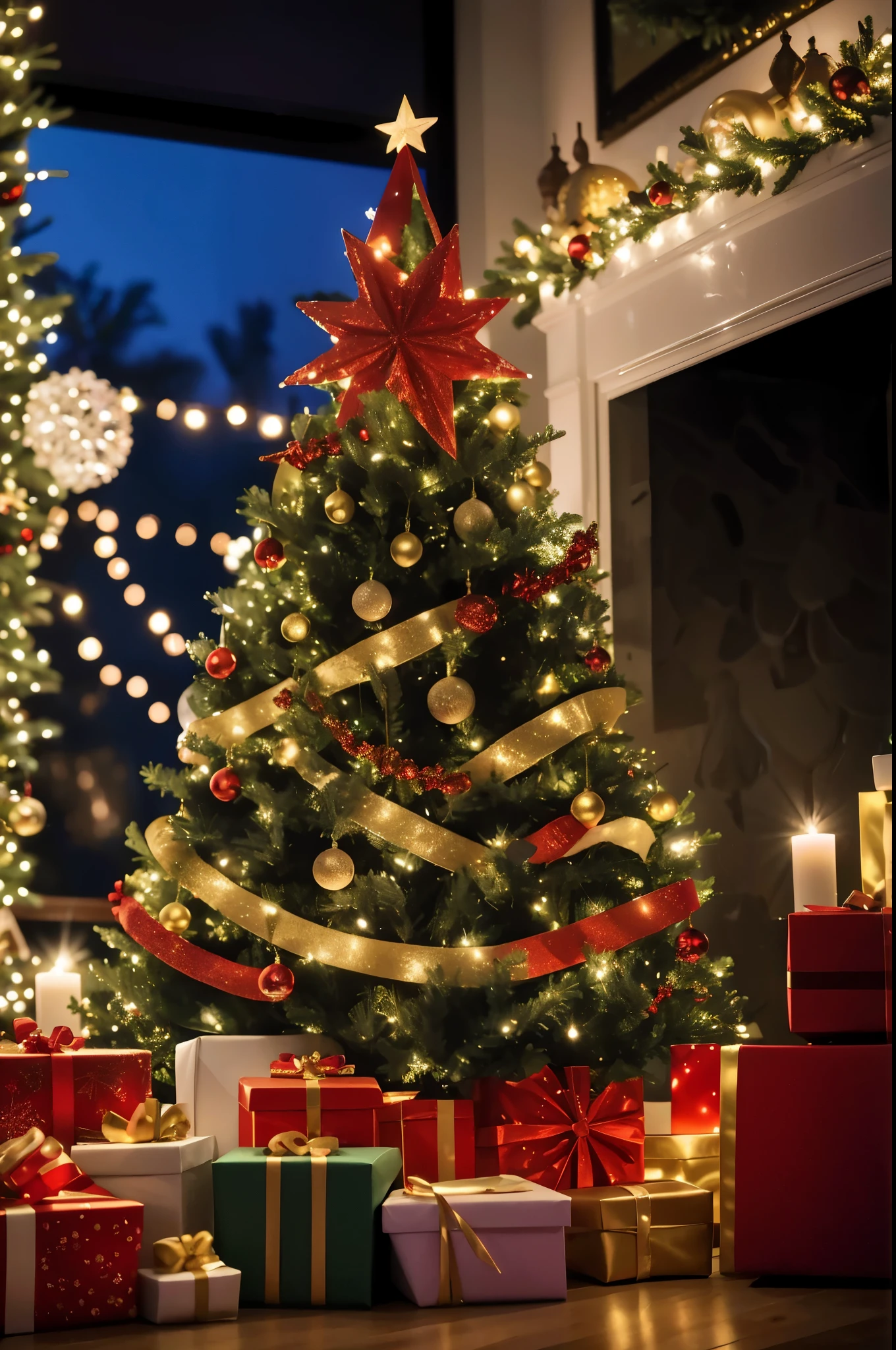 arafed Christmas tree with presents and a lit fireplace in a living room, Christmas Eve, Christmas tree, window shutters, festive atmosphere, lavishly decorated, resort atmosphere, Decoration completed, vacation, glowing lights at night, There is a tree in the background, Christmas lights, Surreal, Photos taken at night, still photo, hight decorated