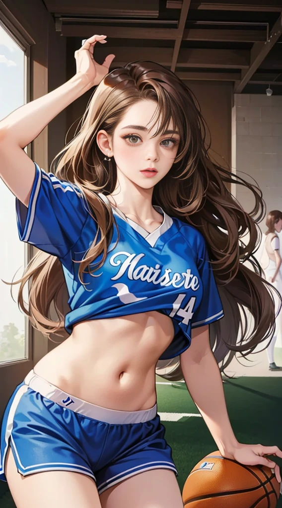 ((High Quality, 8kg, Masterpiece: 1.3)),Full Shape Slim Athletic Natural Body Beautiful Girl: 1.4, (Brown Hair, Voluminous: 1.3), Blue & White Sports Uniform, Sports Bra, Sexy Basketball Panty, Compressed Uniform, Between Players On Baseball Field, Baseball Field, Highly Detailed Face, Detailed Eyes, Double Eyelids,3Girls,