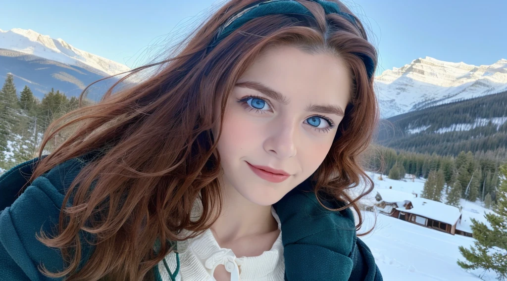 Pretty woman, similar to Amouranth,cute,huge natural breasts, red hair curly/flowing, detailed dark BLUE eyes and face, not to skinny, naughty smile, make it ultra-realistic, western european girl, in the snow in the mountains, clothing colour needs to be anything but green, extremely detailed blue eyes, extremely long wavy red hair, extremely long hair, extremely detailed blue eyes, detailed round glasses, wearing a wrath