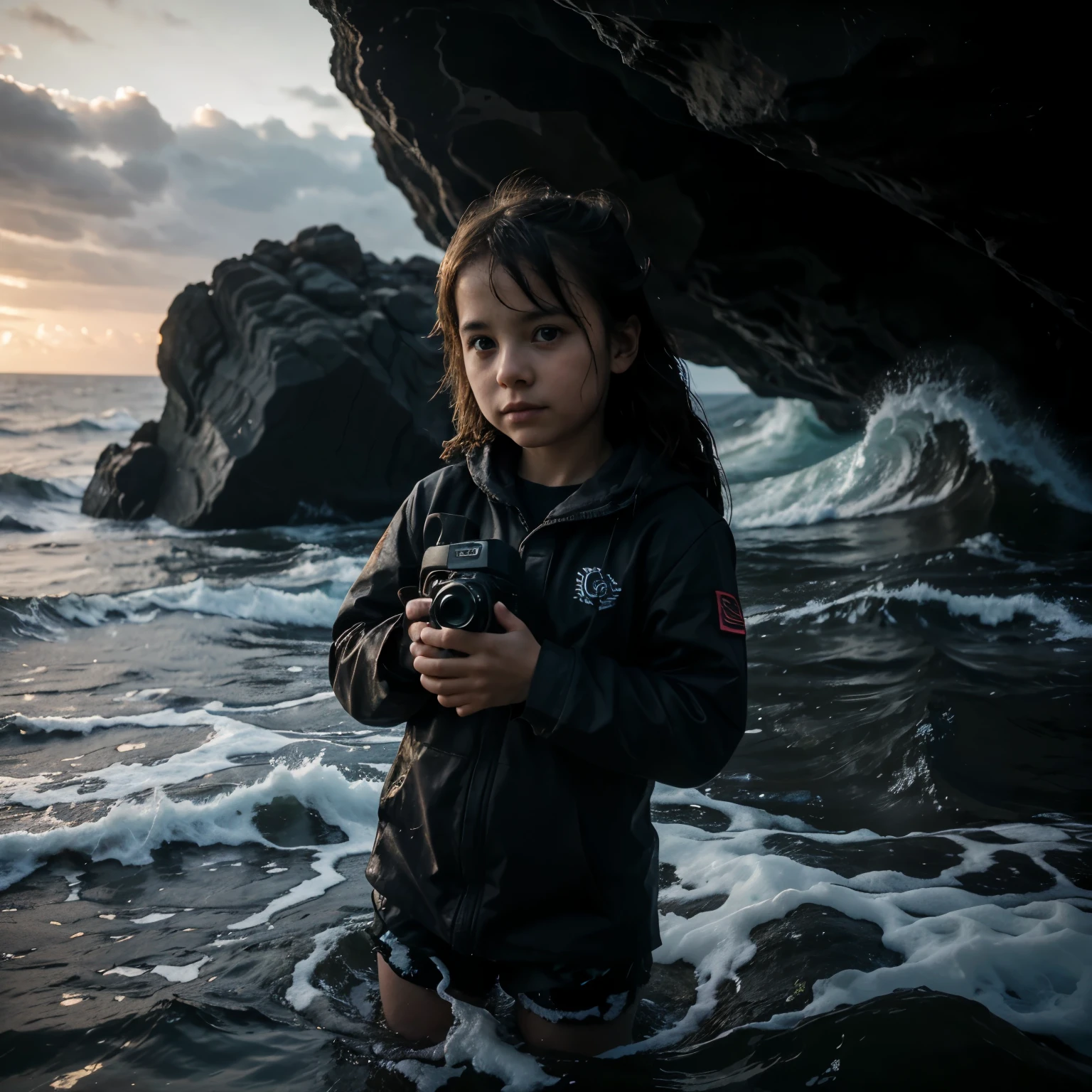 In the midst of the dark and tumultuous sea, a small yet determined figure emerges next to the colossal rock. A little girl, barely visible in the obscurity, clings steadfastly to the rock, her fingers gripping its surface. In her hands, she holds a camera, a brave companion in the face of adversity. The soft glow from the camera's display illuminates her intent expression, capturing a poignant moment of courage amid the chaotic waves. The juxtaposition of the innocent child holding a camera in the daunting sea adds a surreal and resilient touch to the unfolding scene.