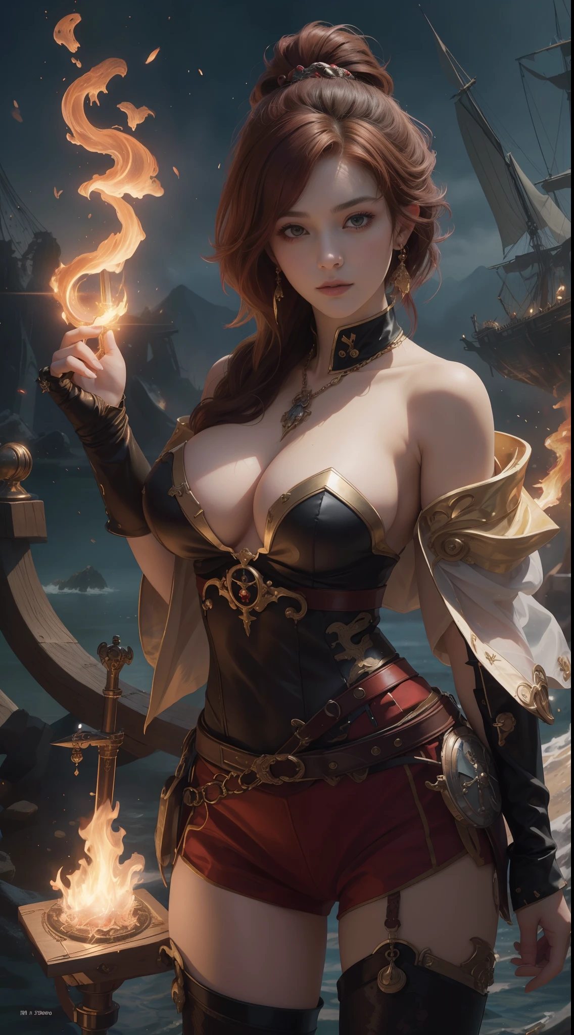 tmasterpiece,Highest image quality,Beautiful bust of a noble pirate girl,Exquisite red super short hairstyle,tying hair,Clear golden eyes,Hand-held fire hammer,Age of Discovery Pirate Suit,Ultra-detailed details,advanced。At the Pixiv Art Station,Break your own power,Louie,Big breasts exposed,R-18G