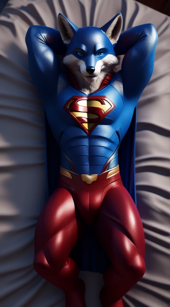 Furry fox gay alone lying in bed wearing a Superman cosplay blue eyes full body hands behind head seductive smile looking at the viewer sexy expression ultra realistic digital art in 3D full HD super high quality