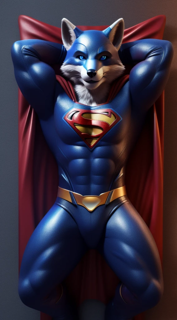 Furry fox gay alone lying in bed wearing a Superman cosplay blue eyes full body hands behind head seductive smile looking at the viewer sexy expression ultra realistic digital art in 3D full HD super high quality