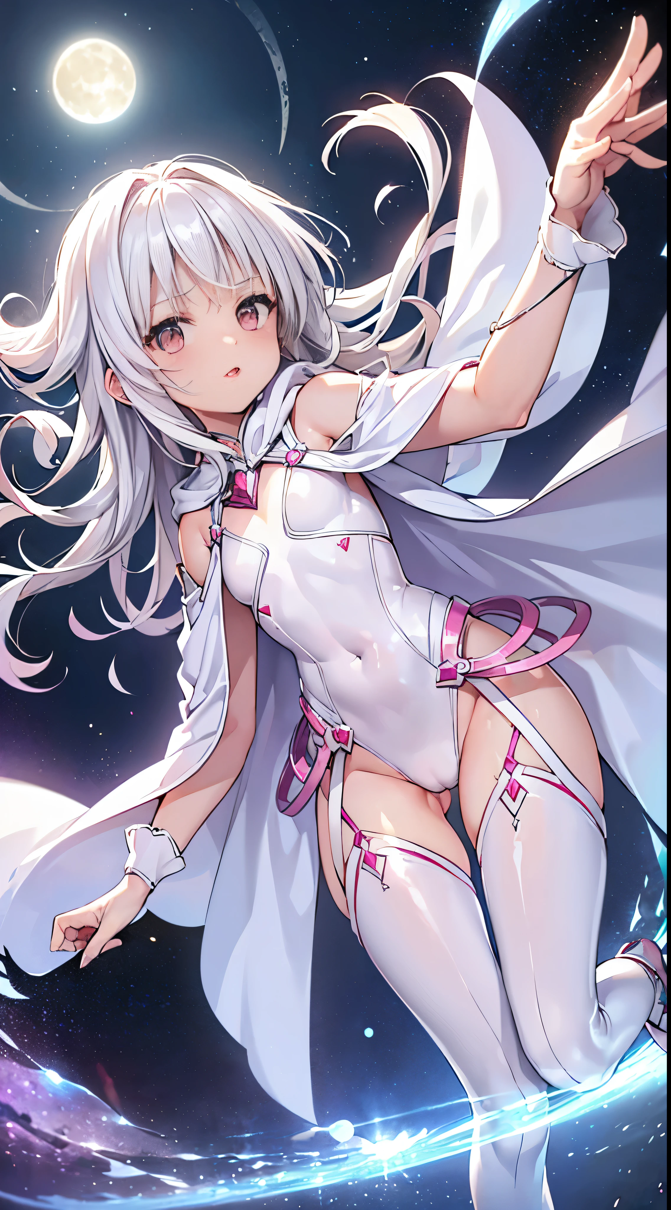 One lady,ars,((White hair) ,((())), (()), (())(()),((white microskirt,Shiny pink bodysuit and short white cloak)),,(,),((Fantasy,Moon Night))((Clothes are torn))