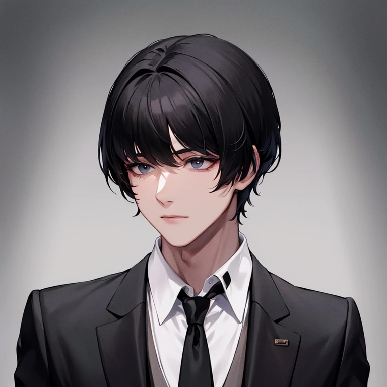 White man in black suit square face messy short black hair