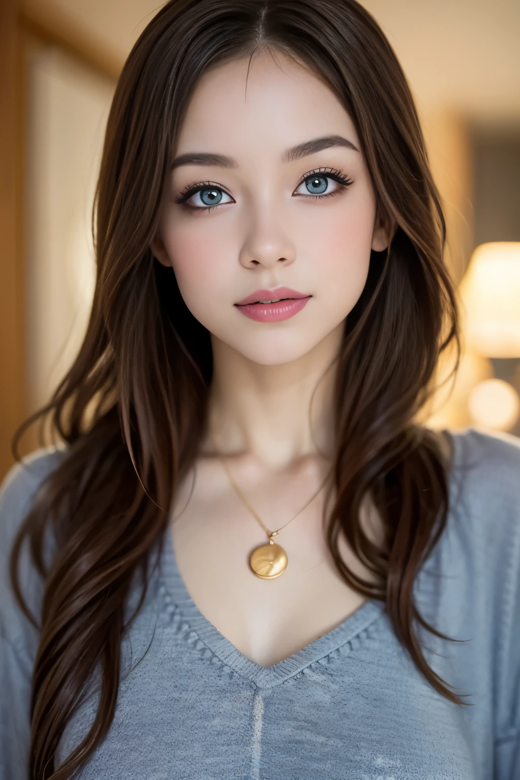 Please generate an image of a young woman wearing a t shirt and a necklace. She has brown hair, blue eyes, and a subtle, natural makeup look. and she should be looking directly into the camera. The face should appear realistically natural. The full-body shot of this attractive woman should feature a striking pose, and she has piercing blue eyes. The girl has a sweet demeanor, and the pose should also be sweet. Please ensure that the entire body of the woman is visible in the image. The background should be clear and uncluttered. The details of the image should be of high quality(best quality)), ((masterpiece)), (detailed), perfect face