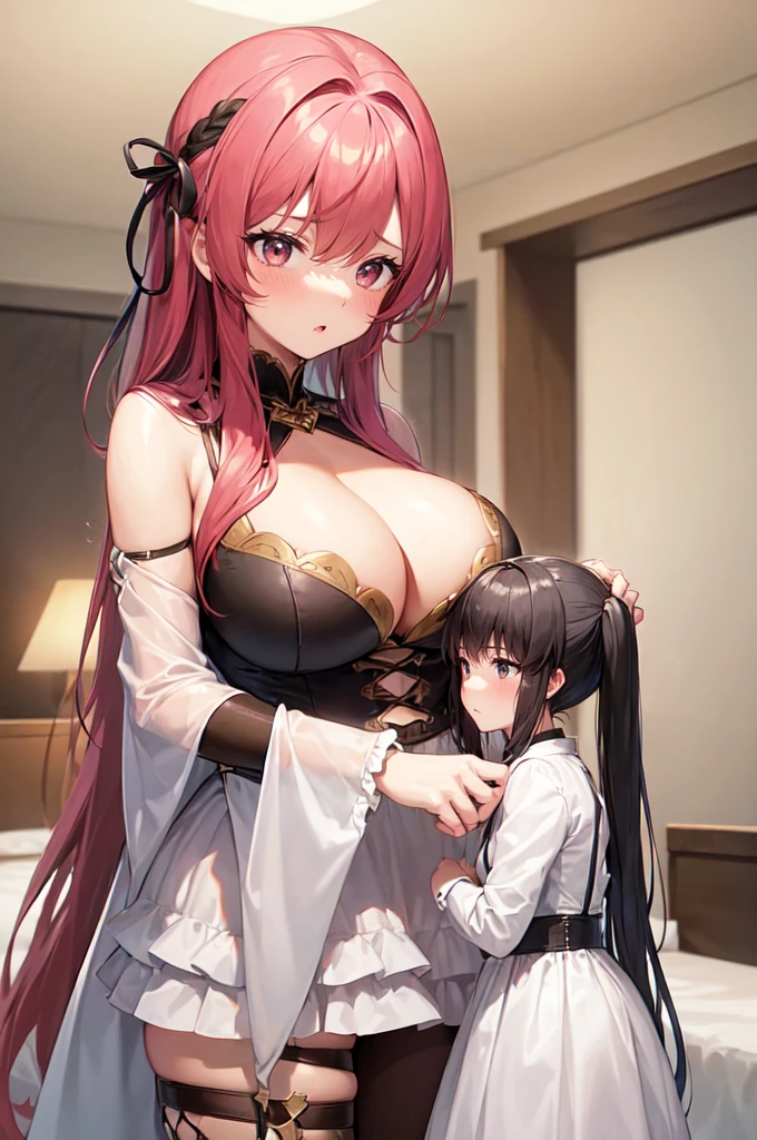 (2girls:1.5), (height_difference:1.6), (size_difference:1.1), (giantess:1.1), a giantess looking down at tiny woman, a giantess hugging a tiny woman, (hugging:1.2), (looking up at her), a tiny woman below the breasts of a giantess, pink twintail girls bedroom, (she is much bigger than her), (she is much taller), adult woman, (adult woman: 1.2), (mature older girl: 1.2), looking at another, they are looking at another