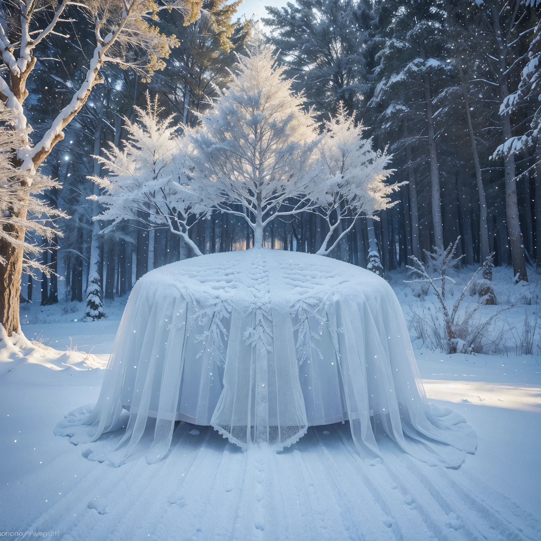 Frost-covered trees: Majestic and enchanting, the branches of these noble giants are transformed into sparkling masterpieces as delicate ice crystals grace their every bough. This mesmerizing image, be it a photograph or a painting, captures the ethereal beauty of a winter wonderland with its intricate details. The glistening ice crystals reflect the soft light, creating a magical and dreamlike atmosphere while evoking a sense of awe and wonder. The high-quality depiction ensures that every glimmer and texture is impeccably rendered, immersing viewers in a serene and fantastical scene.