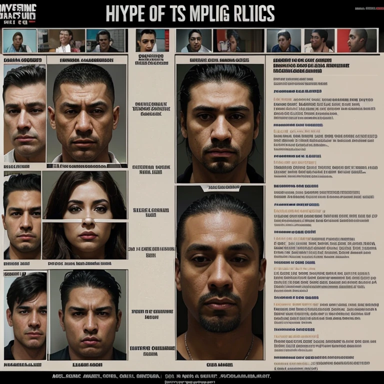 Realistic, ultra realistic, hyper accurate, newspaper detailing a massive drug gang organization. On the front page there is a massive ultra realistic, hyper accurate mugshot of the gang’s leaders at the top, with everything below it the different columns detailing everything.