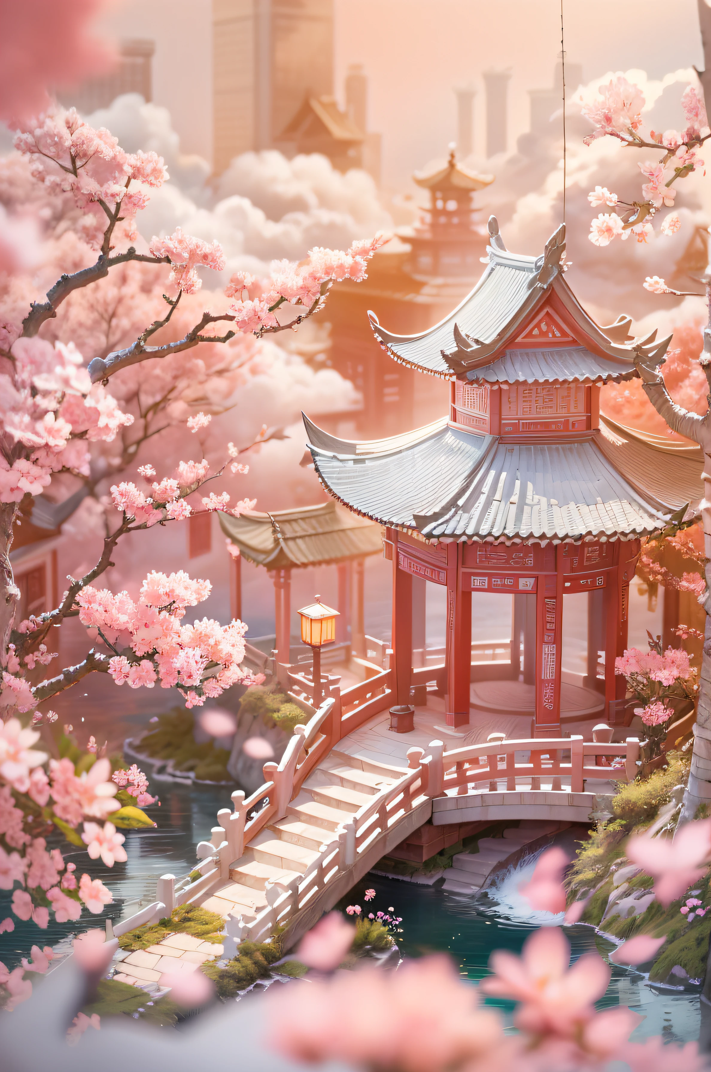 There is a pavilion in the middle of the picture,( carving:1.5),tiltshift, (baiyun海:1.3), (baiyun:1.each blossom:1.2), (ponds:1.3),inverted image,Sparkling,pink hues,gentlesoftlighting,Oriental elements, dream-like, pastelcolor, vivd colour, Traditional Chinese color scheme, ( Reasonable design, Clear lines, High- sharpness,Best quality at best, The is very detailed, tmasterpiece, offcial art, movie light effect, 4K ),