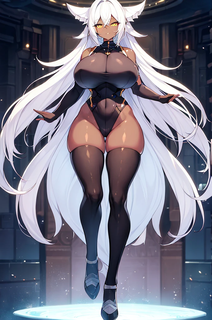 2girls, dark-skinned female, dark skin, white hair, long hair, large breasts, breasts, wide hips, yellow eyes, smile, smirk, smug, bodysuit, black bodysuit, white trim, sleeveless, black pantyhose, pantyhose, futuristic, tech, science-fiction, full body, ((full body)), thighhighs