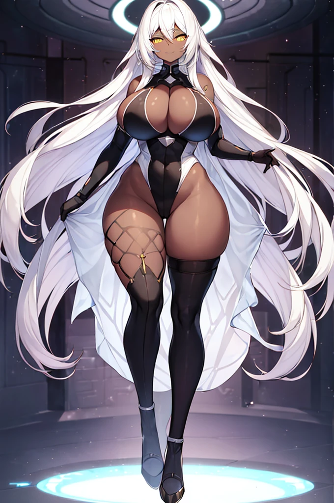 2girls, dark-skinned female, dark skin, white hair, long hair, large breasts, breasts, wide hips, yellow eyes, smile, smirk, smug, bodysuit, black bodysuit, white trim, sleeveless, black pantyhose, pantyhose, futuristic, tech, science-fiction, full body, ((full body)), thighhighs