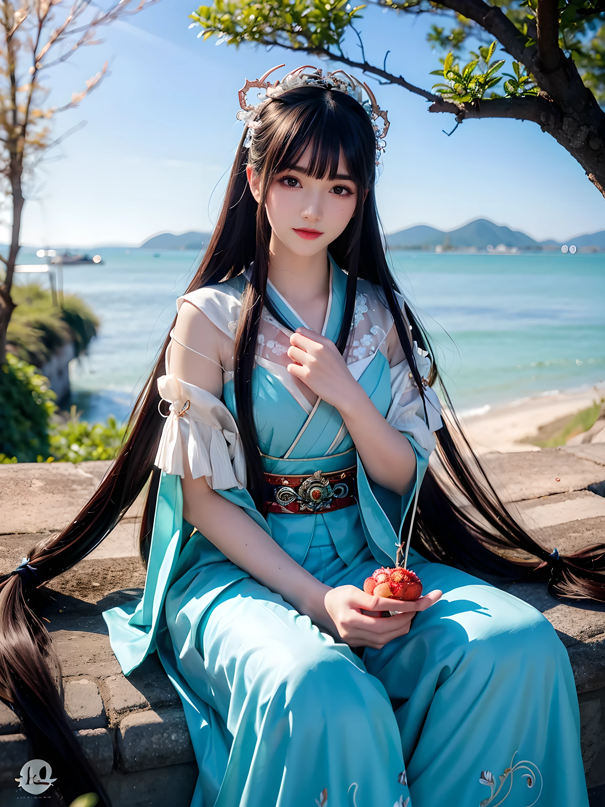 closeup on face, female pubic hair, Chinese wind, ancient wind, red color Hanfu, Seated position, long long hair, Delicate clothing patterns, elegant, ornate, elegent, seas, Red ribbon, Water magic, Water, Sense of brokenness, liuli, The underwater world, bubble, coral, Koi, Finned wings, Staff, pearl, aquamarine, closeup on face, twin braids, hair strand, diagonal bangs, hair ribbon, hair ornament, forehead jewel, jeweled branch of hourai, crescent hair ornament, fish hair ornament, god rays, sparkle, cinematic lighting, lens flare, UHD, high details, high quality, highres, best quality, 8k, 16k, high details, high quality, super detail, anatomically correct, masterpiece, ccurate